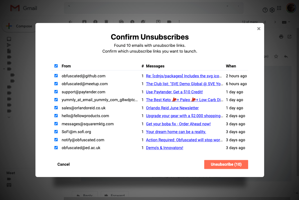 Screenshot of an unsubscribe query